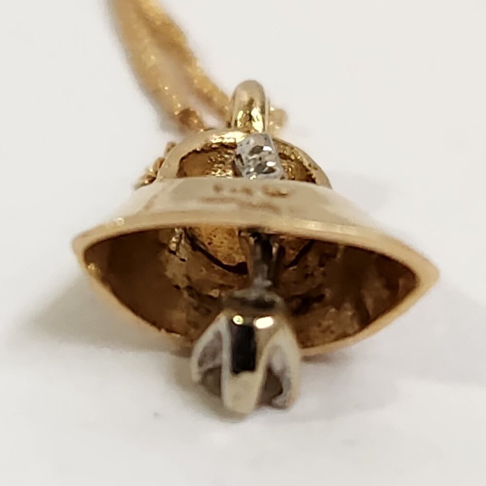 [SOLD] 1980's 14k Textured Gold Moveable Bell w/ Real Diamond Pendant Necklace - Picture 9 of 15